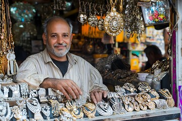 Man displaying intricate jewelry in vibrant market setting