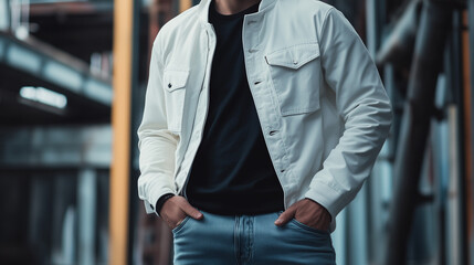 a man wearing a gray denim jacket with a black t-shirt isolated on an industrial background, Ai generated images