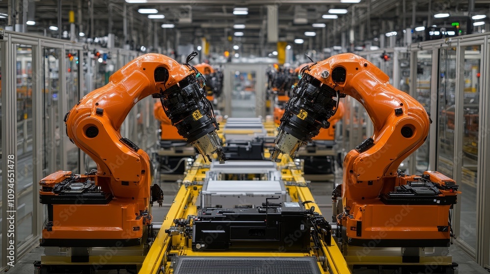 Poster two industrial robots working on an assembly line