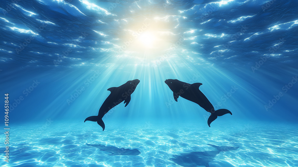 Poster two dolphins swim gracefully underwater, illuminated by sunlight filtering through the ocean's surfa