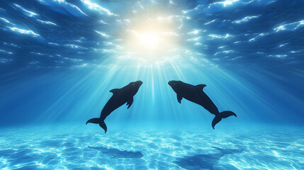 Fototapeta premium Two dolphins swim gracefully underwater, illuminated by sunlight filtering through the ocean's surface, creating a serene and vibrant underwater scene