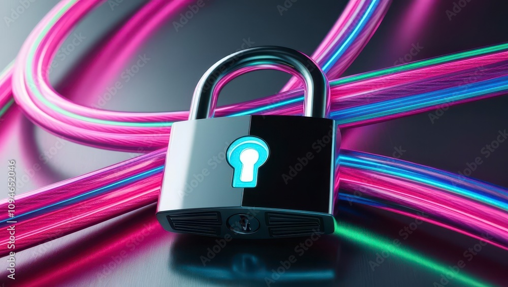 Poster anti-tracking privacy security lock with pulsating fiberoptic cables in a futuristic setting