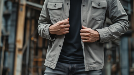 a man wearing a gray denim jacket with a black t-shirt isolated on an industrial background, Ai generated images