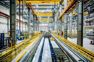 Factory interior with machinery and yellow safety barriers