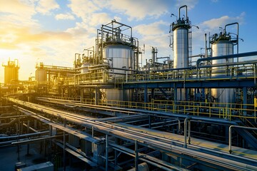 Fototapeta premium Industrial facility with pipelines under sunset illumination