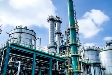 Industrial plant with tall structures under a bright blue sky