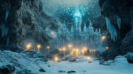 Fototapeta premium A fantasy scene featuring a frozen castle made of ice, with glowing lights around it and a snowy landscape surrounding the structure.