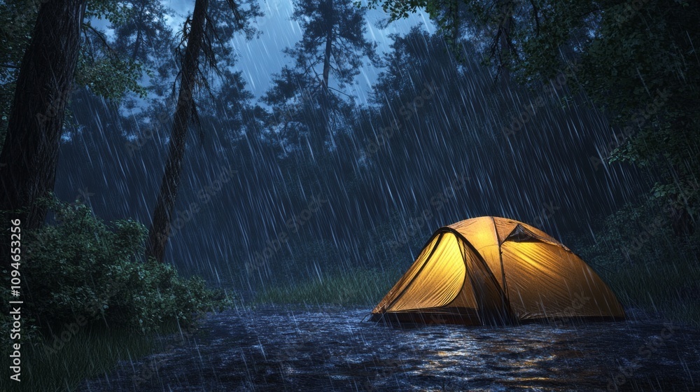 Poster a small yellow tent is sitting in the rain in a forest. the rain is falling heavily, and the tent is