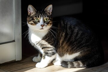 Fototapeta premium Cat sitting quietly in a sunlit corner of a cozy room