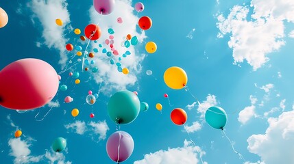 Fototapeta premium A vibrant display of colorful balloons floating against a bright blue sky with fluffy clouds.