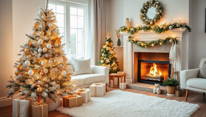 A beautifully decorated Christmas tree stands elegantly in the corner, glowing with soft lights and embellished with gold and white ornaments.
