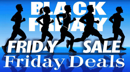 Dynamic Silhouettes of Runners in Action Under Vibrant Blue Background Promoting Exciting Black Friday Sales and Deals for Shoppers and Fitness Enthusiasts