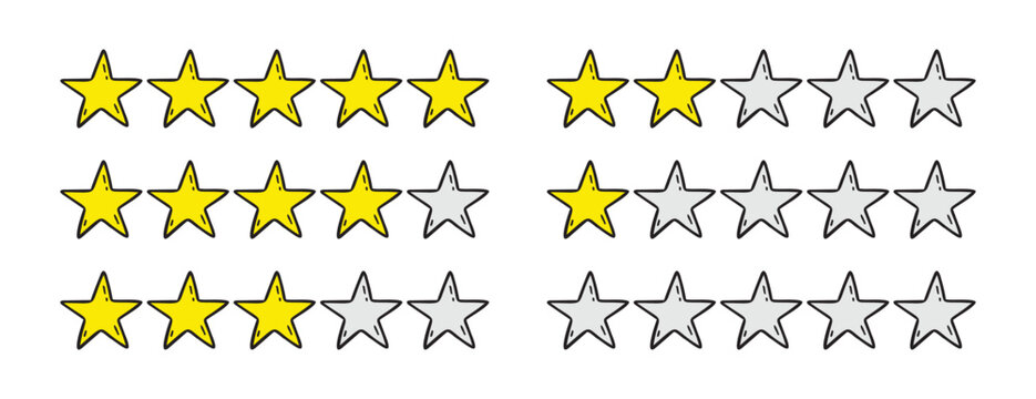 Rating 1, 2, 3, 4, 5 stars doodle icon set. Gold star one, two, three, four, five hand drawn icon set. variable isolated stars rating