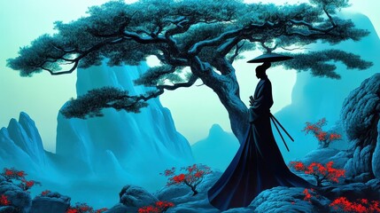Lone samurai walking by red tree in mystical blue landscape
