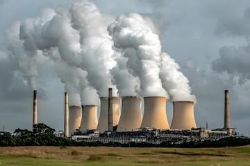 Industrial power plant emits steam under cloudy skies