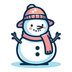Snowman with hat and scarf, cartoon character. Merry Christmas and happy new year