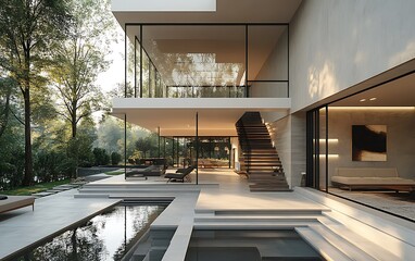 Fototapeta premium Modern minimalist house with glass walls, wooden staircase, and outdoor pool.