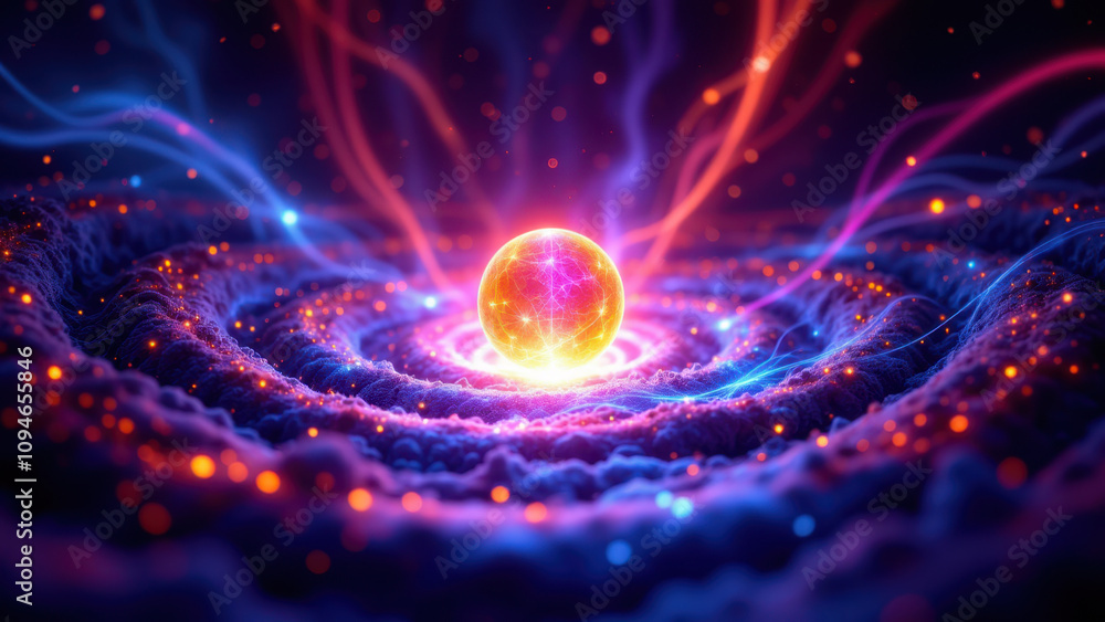 Poster abstract hi-tech background with nebula and orb of light at center.