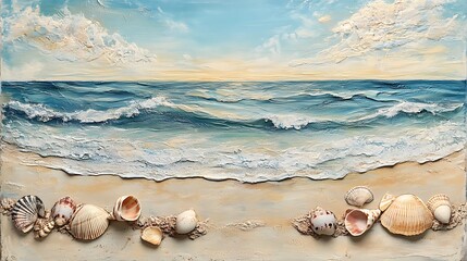 A tranquil ocean scene with gentle waves rippling toward the beach, framed by soft sand and seashells. 