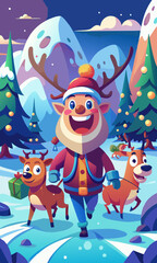 Fototapeta premium Happy character guiding reindeer in snow-covered scene, reindeer with lively expressions creating magical festive atmosphere. 
