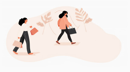 Shopper Women Walking with Shopping Bags Illustrating Retail Therapy and Style, Surrounded by Soft, Natural Elements and Warm Colors for Modern Aesthetic