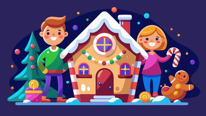 Naklejka premium Sweet cake house creation with colorful decorations, family building and adorning delightful candy home, joyful baking activity