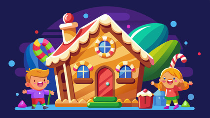 Naklejka premium Sweet cake house creation with colorful decorations, family building and adorning delightful candy home, joyful baking activity