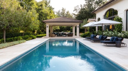 Modern luxury outdoor space featuring a sparkling blue swimming pool, elegant lounge chairs, and a cozy shaded pavilion surrounded by lush greenery
