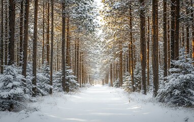 Sunlit path through snow-covered pine forest.