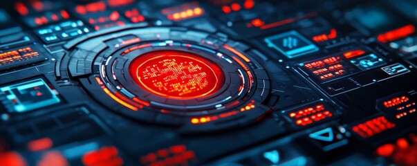 Anti tracking  control conceptual. A futuristic interface featuring a glowing red center surrounded by intricate digital elements and vibrant blue accents.