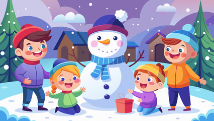 Fototapeta premium Children with cheerful faces building a snowman in the snow, enjoying a winter day outdoors. Happy kids playing in snow, making a snowman together, winter fun scene