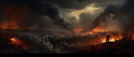 Hand-drawn illustration of a soldier in a war setting, with intense background details conveying a sense of battle and conflict