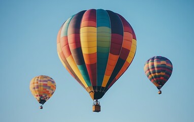 Fototapeta premium Three colorful hot air balloons ascend against a clear blue sky.
