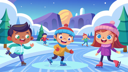 Fototapeta premium Excited children skating on ice rink, joyful faces in snowy landscape, winter fun activity in frosty outdoors
