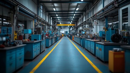 Fototapeta premium Industrial Factory Interior with Machinery and Yellow Lines