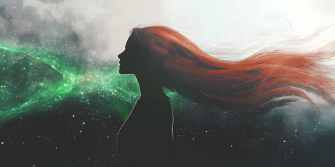 A silhouette of a woman in profile with long, flowing, curly red hair billowing dramatically behind her, the background features green sparkles