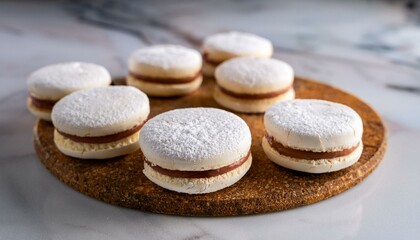 Close-up of assorted alfajores on a marble countertop in a trendy Argentinian bakery