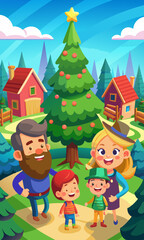 Fototapeta premium Excited families choosing their perfect tree at a vibrant evergreen tree farm. Joyful parents and kids selecting festive trees in an animated outdoor tree farm scene