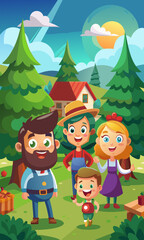 Excited families choosing their perfect tree at a vibrant evergreen tree farm. Joyful parents and kids selecting festive trees in an animated outdoor tree farm scene