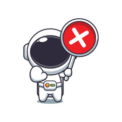 Cute astronaut with wrong sign cartoon vector illustration