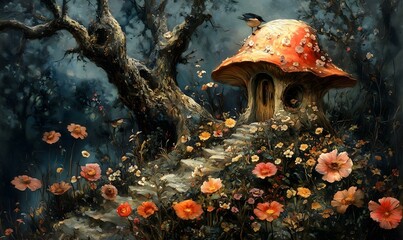 A whimsical fantasy scene depicting glowing mushroom houses nestled in a magical forest by a serene lake, surrounded by fireflies under a starlit sky