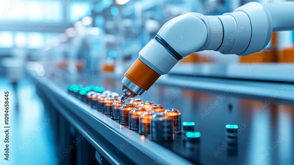 Poster robotic arm assembling small components on a conveyor belt in a factory setting
