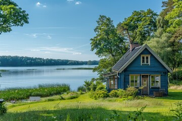 Obraz premium Blue lake house in idyllic setting. Perfect for travel, real estate, or idyllic home concepts.