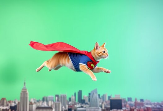 Superhero Pet A cat or dog in a superhero cape flying on a green - Powered by Adobe