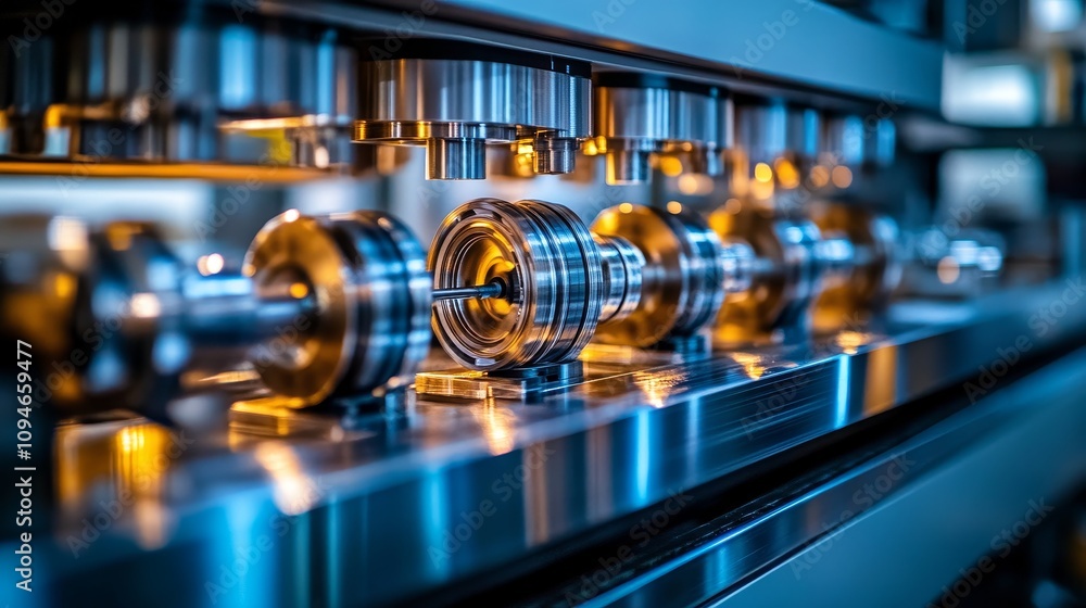Poster close-up of a metal-working machine with gears and pulleys
