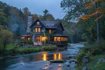Obraz premium Cozy cabin by the river at dusk. Perfect for websites, blogs, or travel brochures needing a tranquil autumn scene.