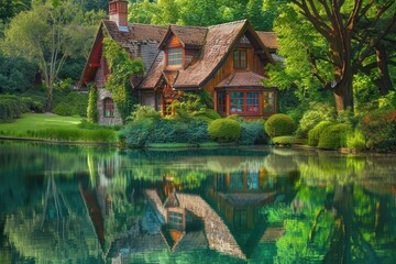 Fototapeta premium Idyllic lake house in lush garden. Perfect for real estate, travel, or nature websites; evokes tranquility and luxury.