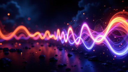 Fototapeta premium Abstract high-tech background with digital sound waves emanating from a glowing center on a dark surface surrounded by floating particles.