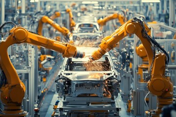 Industrial robotic arms welding car frames in an automated assembly line, representing modern manufacturing technology