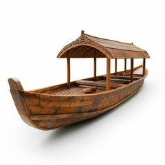 Fototapeta premium Long wooden boat with roof featuring traditional asian design, isolated on white background